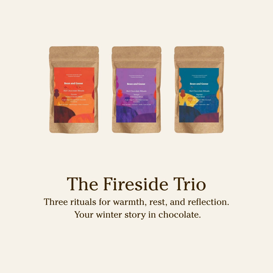 Bean and Goose Three chocolate packages labeled 'The Fireside Trio' on a beige background