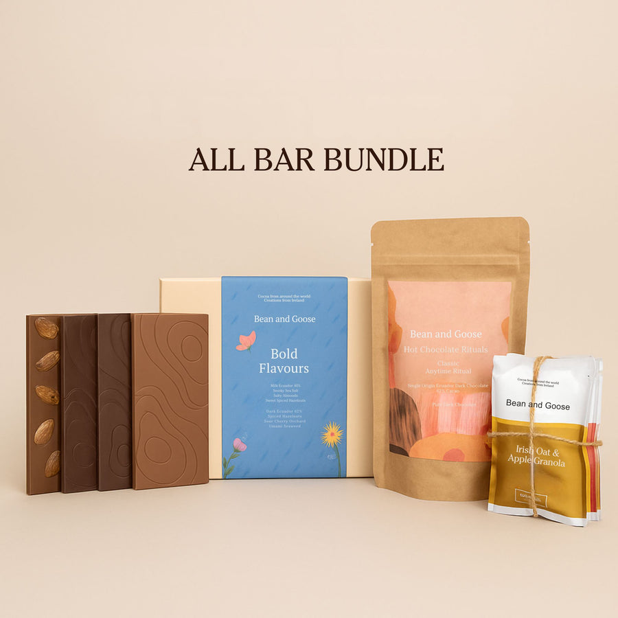 Collection of Bean and Goose product packaging on a beige background
