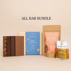Collection of Bean and Goose product packaging on a beige background