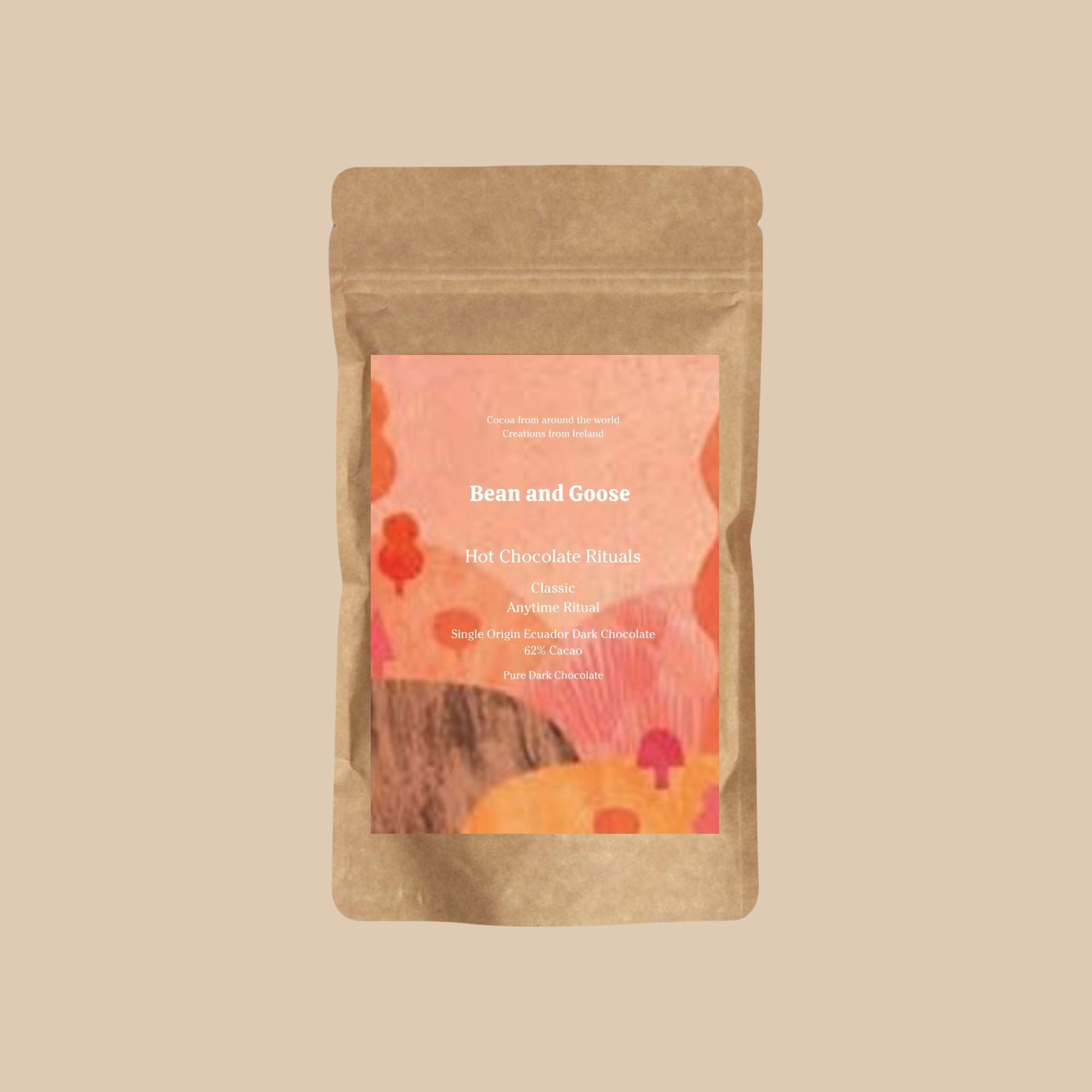Kraft paper packaging of 'Bean and Goose' hot chocolate with a colorful label on a beige background