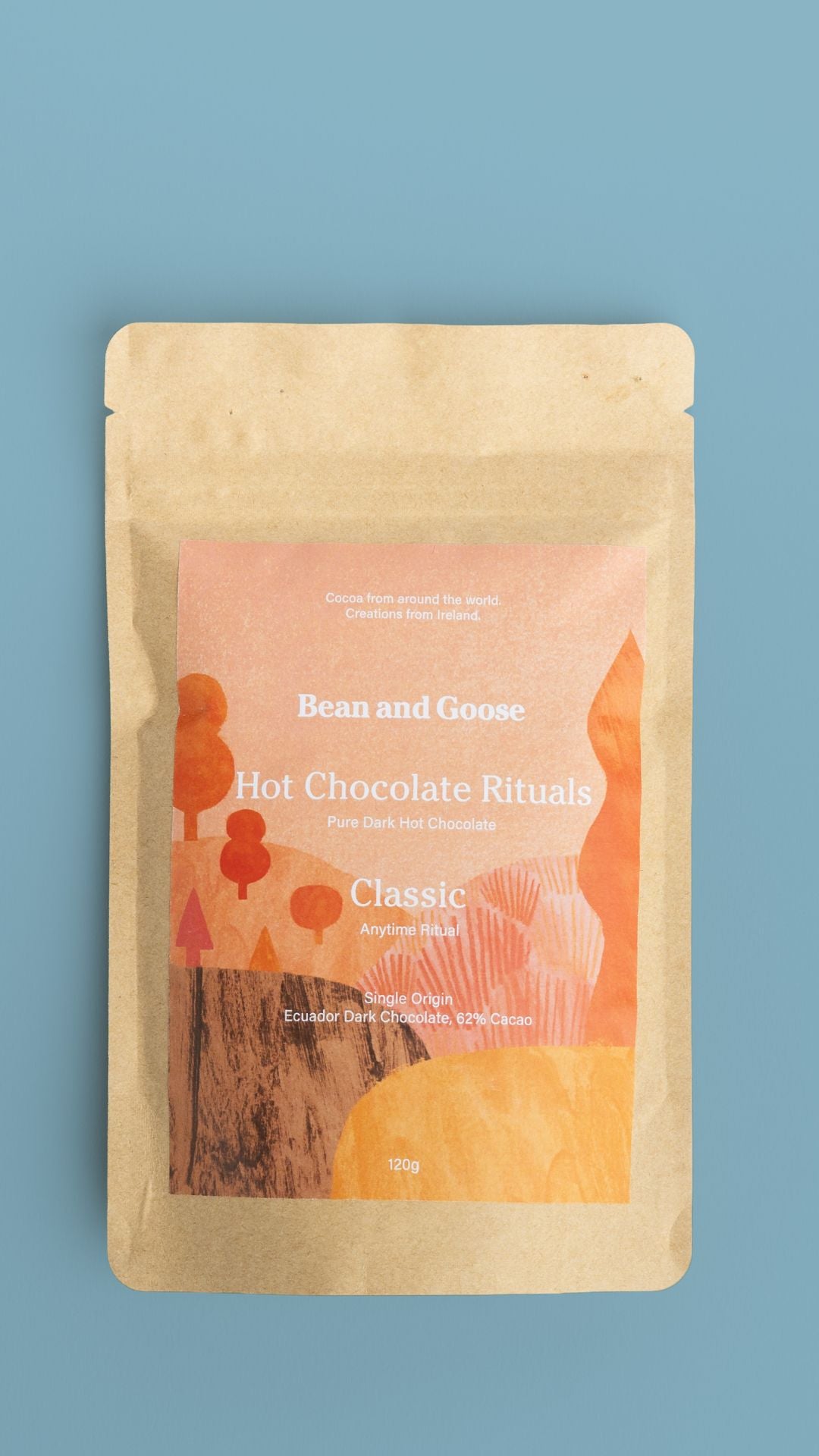 Bean and Goose hot chocolate package on a blue background