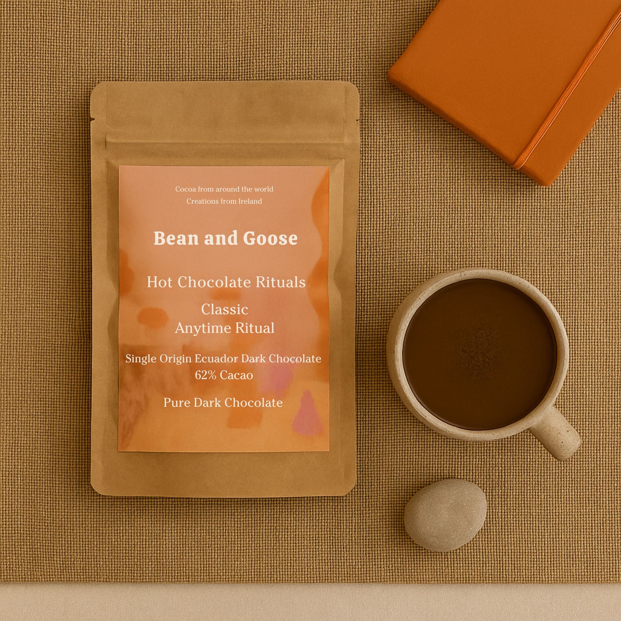Bean and Goose Classic Hot Chocolate – Anytime Ritual flat lay with mug and notebook. Grated 62% dark chocolate made in Ireland from Original Beans cacao