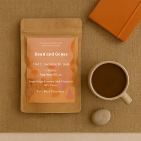 Bean and Goose Classic Hot Chocolate – Anytime Ritual flat lay with mug and notebook. Grated 62% dark chocolate made in Ireland from Original Beans cacao