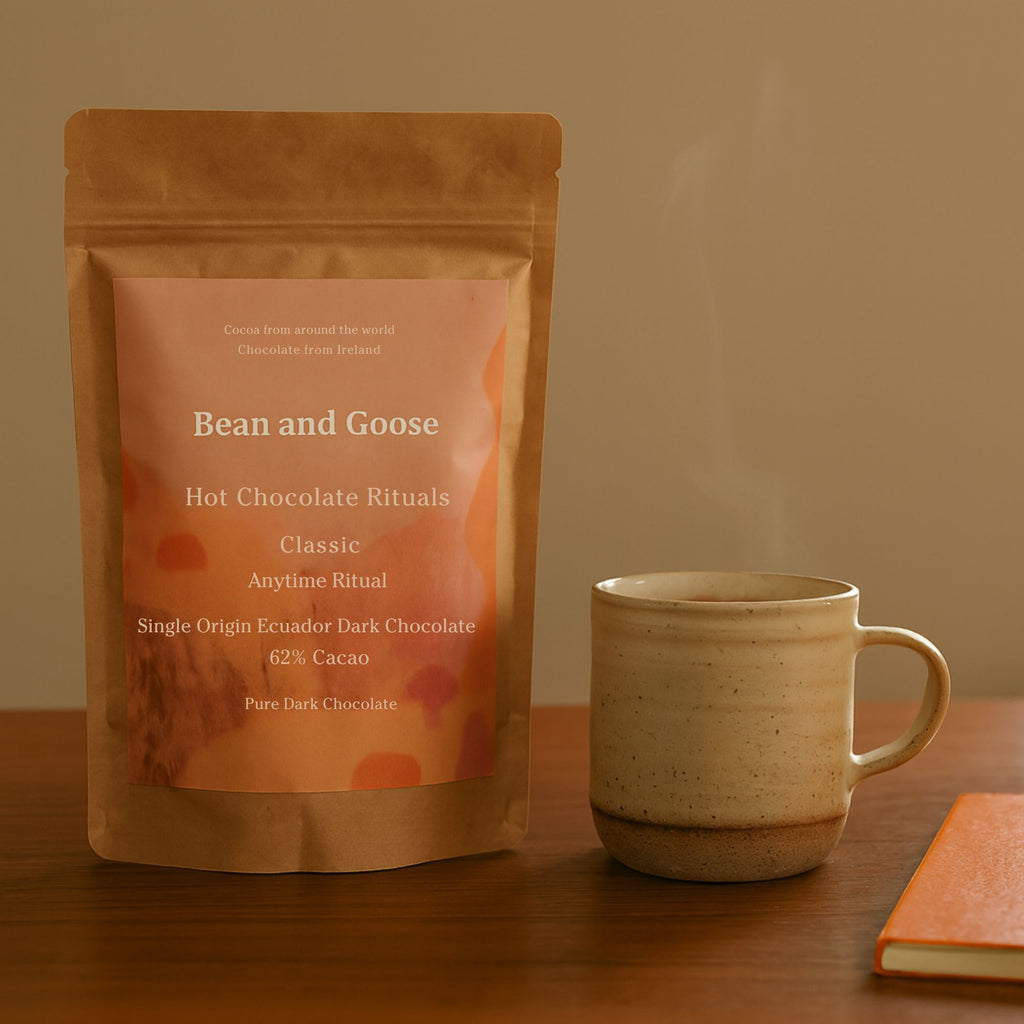 Bean and Goose Classic Hot Chocolate – Anytime Ritual with mug and notebook. Grated 62% dark chocolate made in Ireland from Original Beans cacao