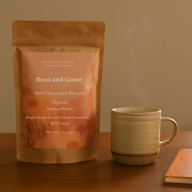 Bean and Goose Classic Hot Chocolate – Anytime Ritual with mug and notebook. Grated 62% dark chocolate made in Ireland from Original Beans cacao