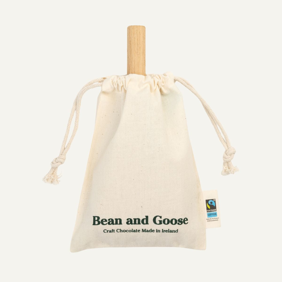 Bean and Goose chocolate bar in a drawstring bag on a white background