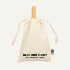 Bean and Goose chocolate bar in a drawstring bag on a white background