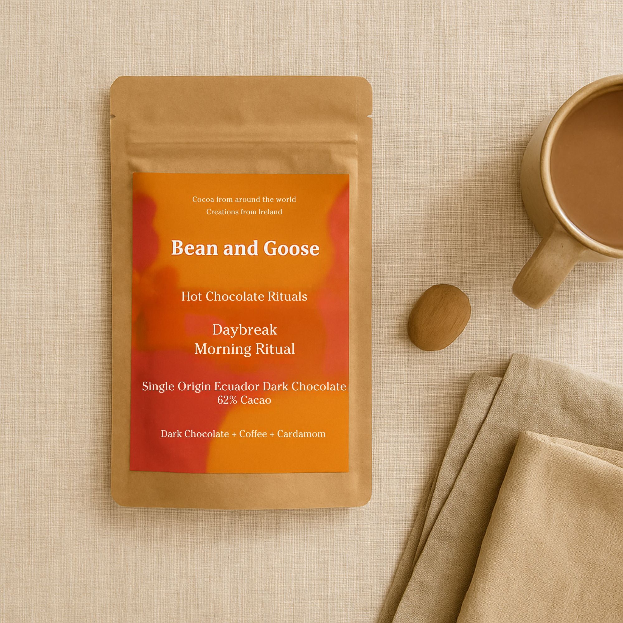 Bean and Goose Daybreak Hot Chocolate – Morning Ritual Flat lay with mug and linen. Grated 62% dark chocolate made in Ireland from Original Beans cacao