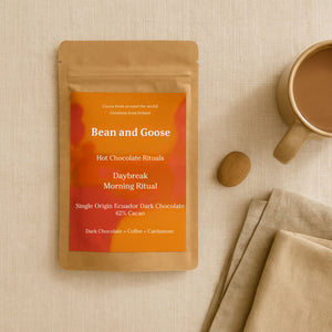 Bean and Goose Daybreak Hot Chocolate – Morning Ritual Flat lay with mug and linen. Grated 62% dark chocolate made in Ireland from Original Beans cacao