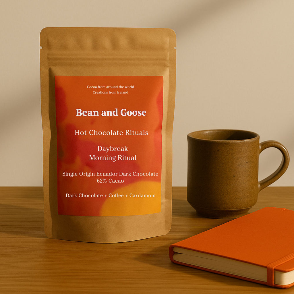 Bean and Goose Daybreak Hot Chocolate – Morning Ritual with Mug and Notebook. Grated 62% dark chocolate made in Ireland from Original Beans cacao