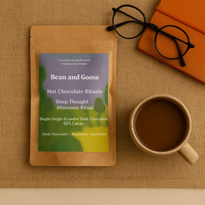 Bean and Goose Deep Thought Hot Chocolate – Afternoon Ritual Flat Lay with glasses, cup and notebook. Grated 62% dark chocolate made in Ireland from Original Beans cacao
