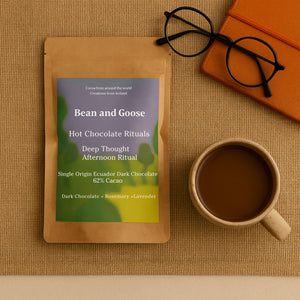 Bean and Goose Deep Thought Hot Chocolate – Afternoon Ritual Flat Lay with glasses, cup and notebook. Grated 62% dark chocolate made in Ireland from Original Beans cacao