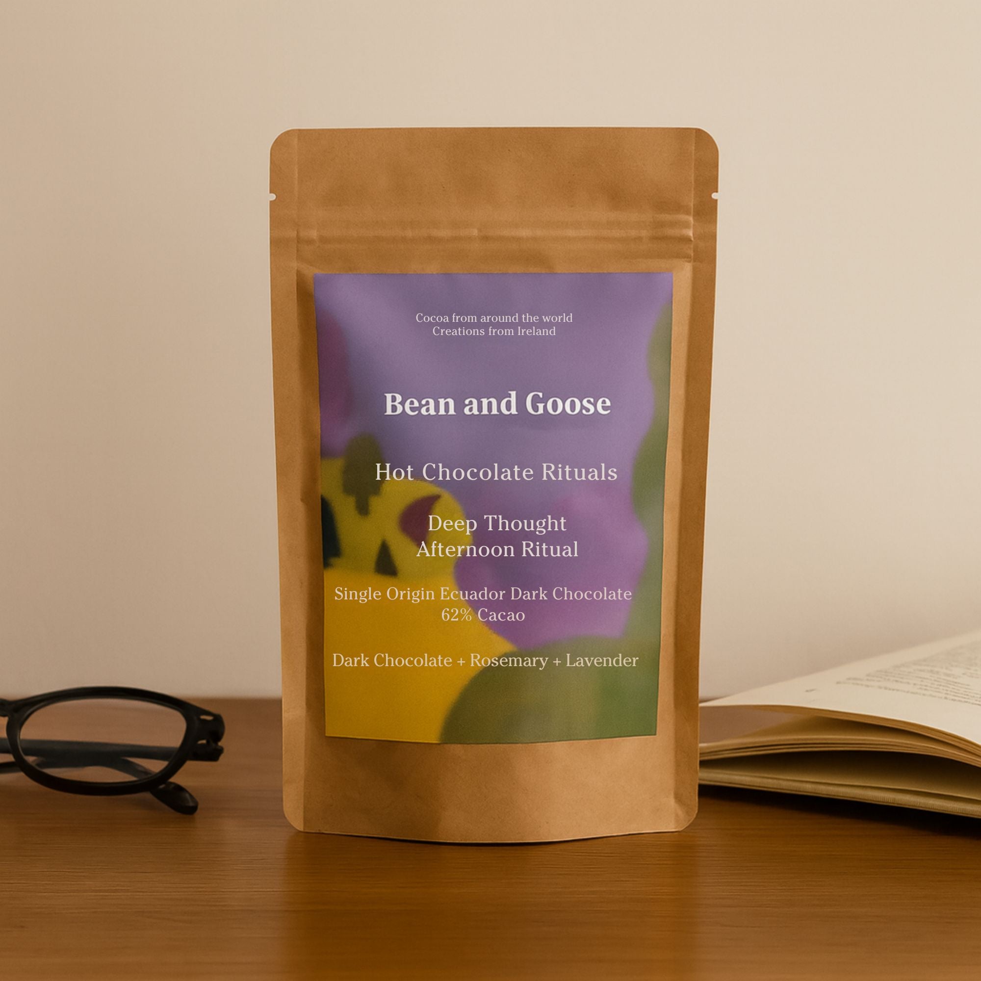 Bean and Goose Deep Thought Hot Chocolate – Afternoon Ritual with glasses and book. Grated 62% dark chocolate made in Ireland from Original Beans cacao