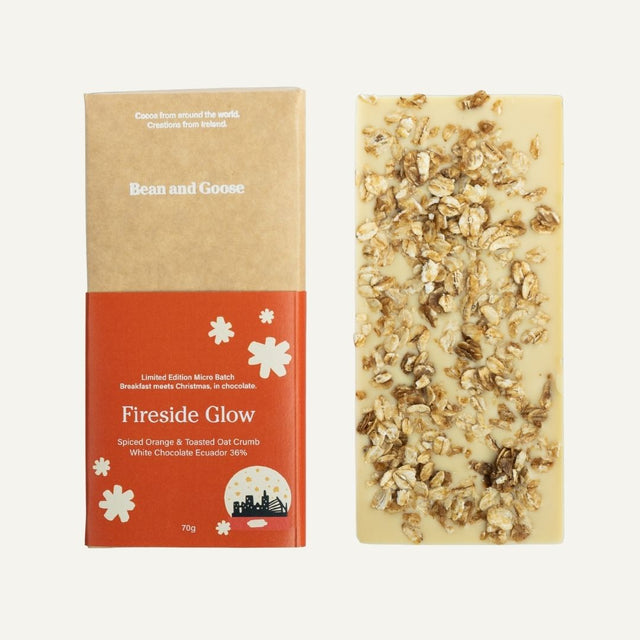 Bean and Goose Fireside Glow chocolate bar with packaging on a white background