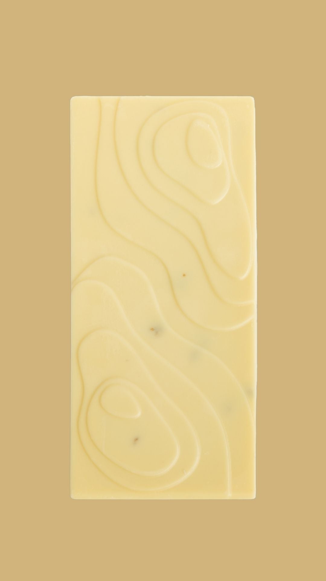 Bean and Goose White Chocolate Bar showing their patent landscape design mould on the bar