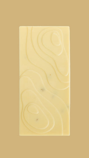 Bean and Goose White Chocolate Bar showing their patent landscape design mould on the bar