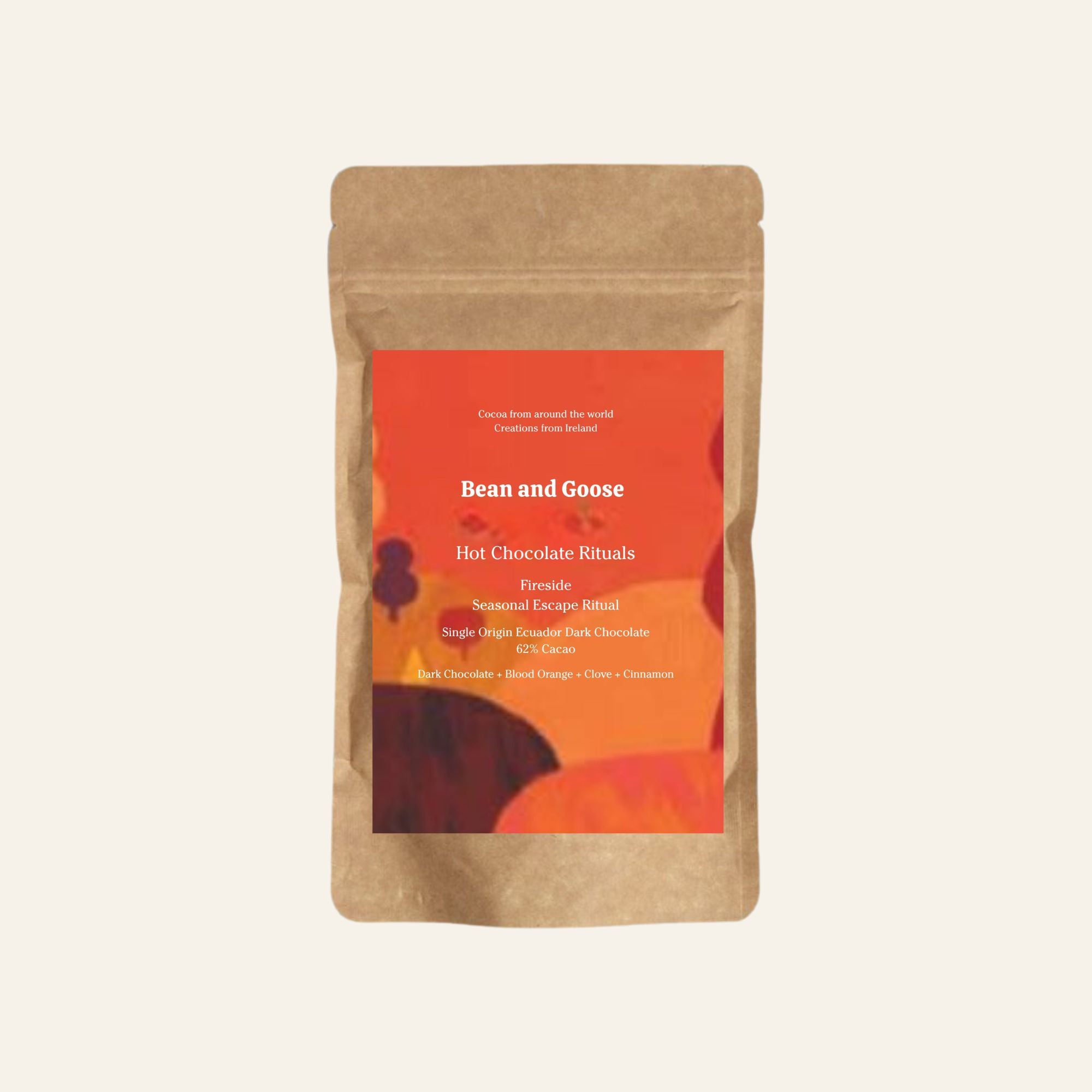 Bean and Goose Fireside hot chocolate package on a beige background