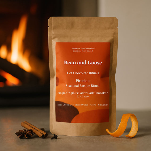 Bean and Goose Fireside Hot Chocolate – Seasonal Escape Ritual  with ingredients and stove Grated 62% dark chocolate made in Ireland from Original Beans cacao