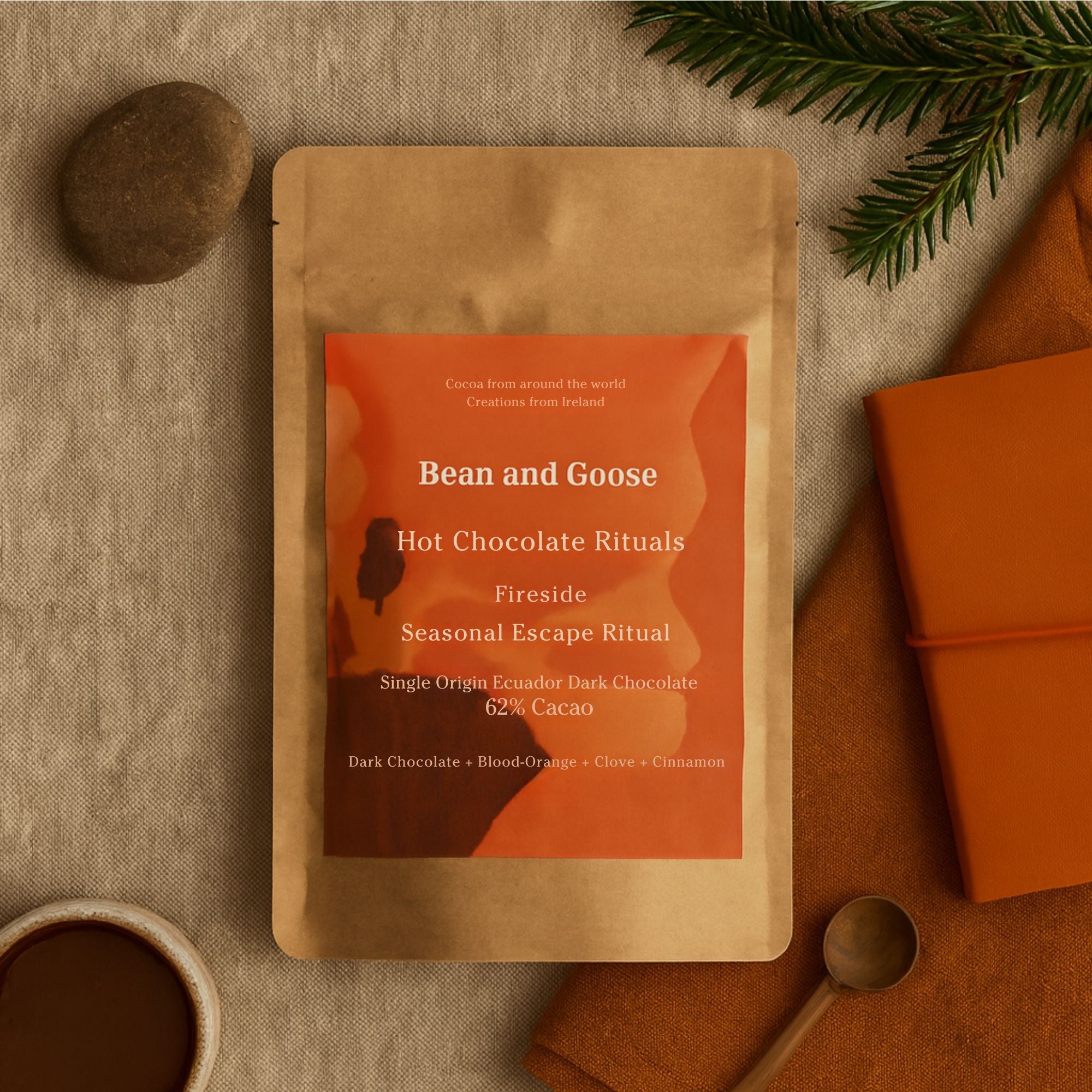Bean and Goose Fireside Hot Chocolate – Seasonal Escape Ritual flat lay with objects and greenery Grated 62% dark chocolate made in Ireland from Original Beans cacao