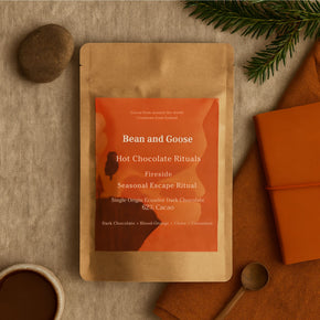 Bean and Goose Fireside Hot Chocolate – Seasonal Escape Ritual flat lay with objects and greenery Grated 62% dark chocolate made in Ireland from Original Beans cacao