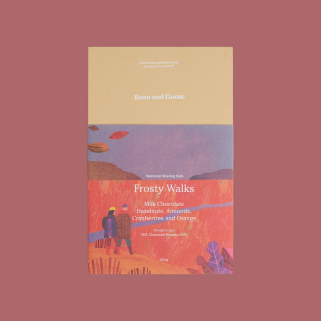 Packaging of Bean and Goose Milk Chocolate slab titled 'Frosty Walks' featuring illustrations of people engaging in winter activities in a snowy landscape.
