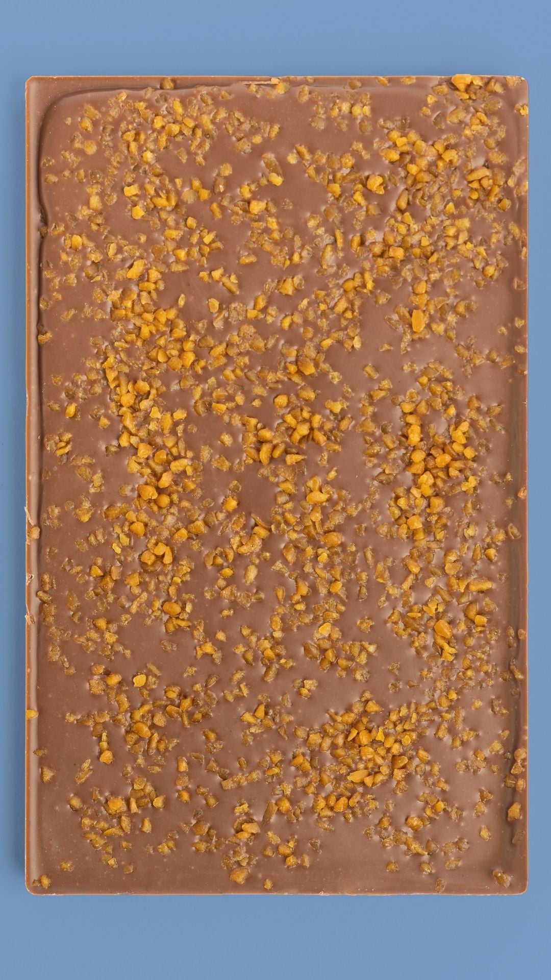 Bean and Goose Harvest Heat Milk Sharing Slab open topped with caramel crunch on a blue background