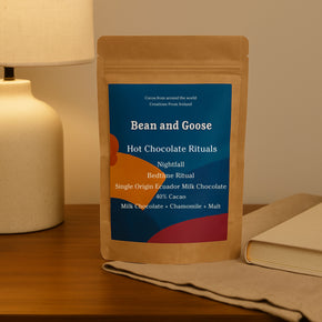 Bean and Goose Nightfall Hot Chocolate – Bedtime Ritual with bedside lamp and book. Grated 40% milk chocolate made in Ireland from Original Beans cacao.