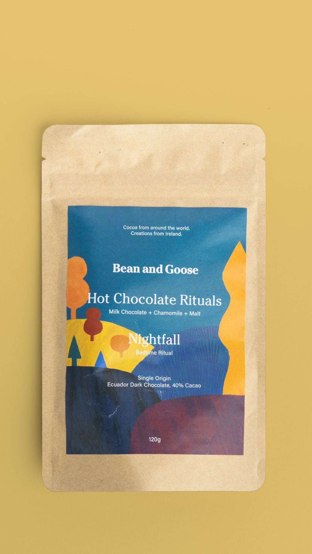 Bean and Goose hot chocolate Nightfall Ritual package on a yellow background