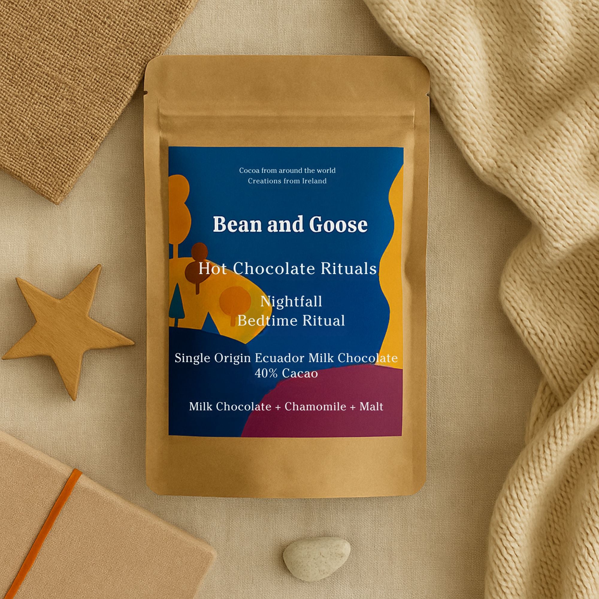 Bean and Goose Nightfall Hot Chocolate – Bedtime Ritual with linen and objects. Grated 40% milk chocolate made in Ireland from Original Beans cacao.