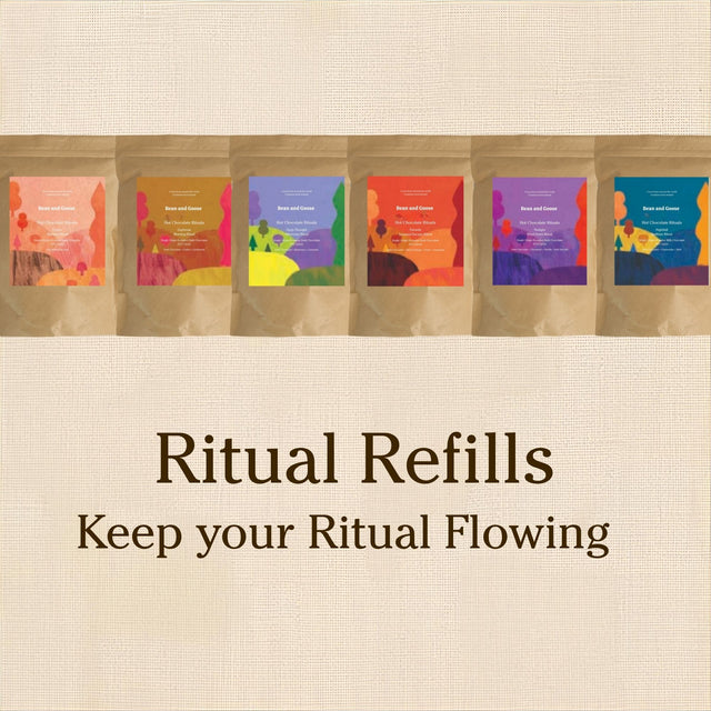 Bean and Goose Chocolate. Colorful packaging with text 'Ritual Refills Keep your Ritual Flowing' on a beige background