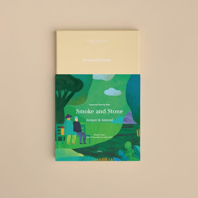 Bean and Goose Craft Box  of 'Smoke and Stone' sharing slab with a green landscape illustration on a beige background