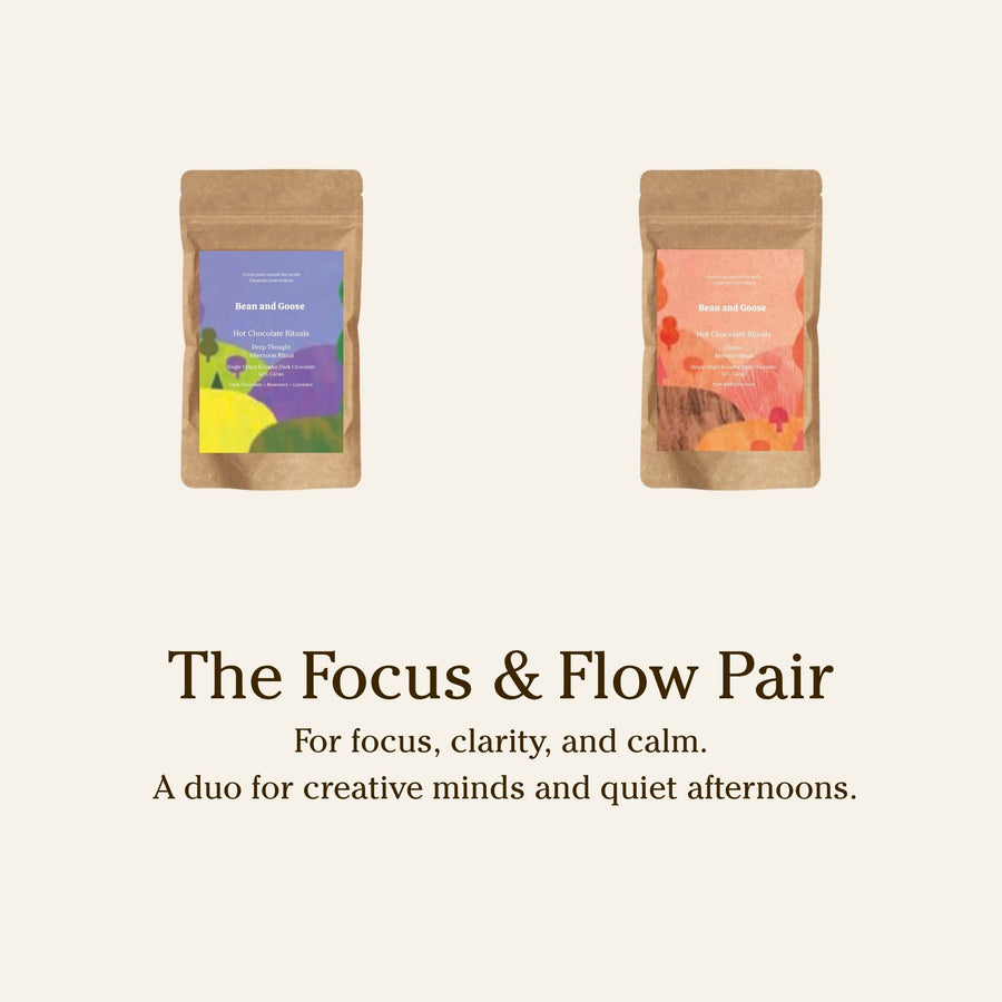 Bean and Goose Hot Chocolate. Two packages labeled 'The Focus & Flow Pair' on a beige background