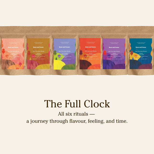 Bean and Goose Colorful packaging of 'The Full Clock' Hot Chocolate with text about a journey through flavor, feeling, and time.