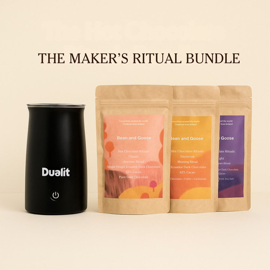 Maker's Ritual Bundle with Dualit coffee maker on a beige background and 3 Bean and Goose Hot Chocolates