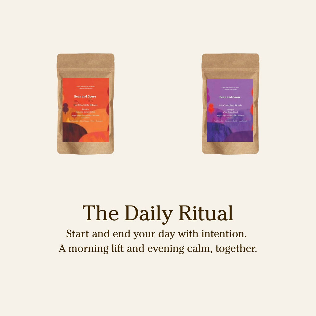 Bean and Goose two Hot Chocolate packages with colorful labels on a beige background, featuring text about 'The Daily Ritual'.