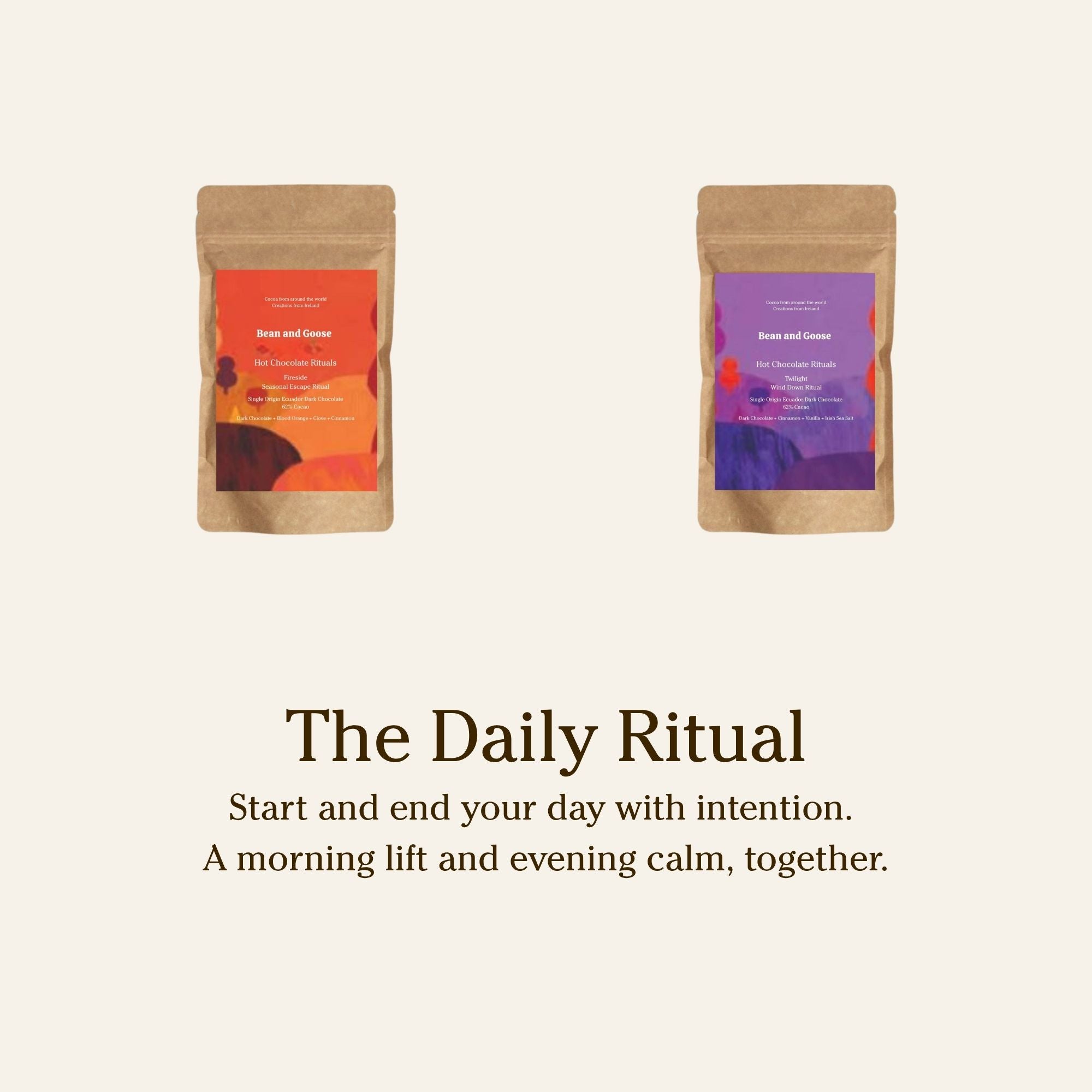 Bean and Goose two Hot Chocolate packages with colorful labels on a beige background, featuring text about 'The Daily Ritual'.
