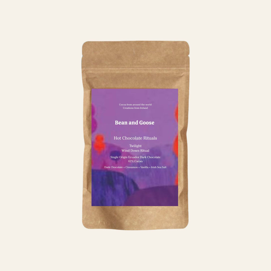  Bean and Goose Twilight Hot Chocolate – Wind Down Ritual. Grated 62% dark chocolate made in Ireland from Original Beans cacao