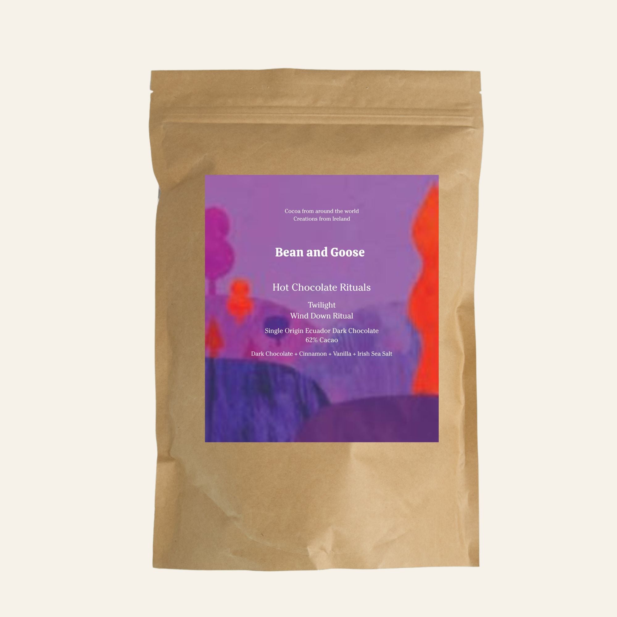 Bean and Goose Twilight Hot Chocolate – Wind Down Ritual. Grated 62% dark chocolate made in Ireland from Original Beans cacao