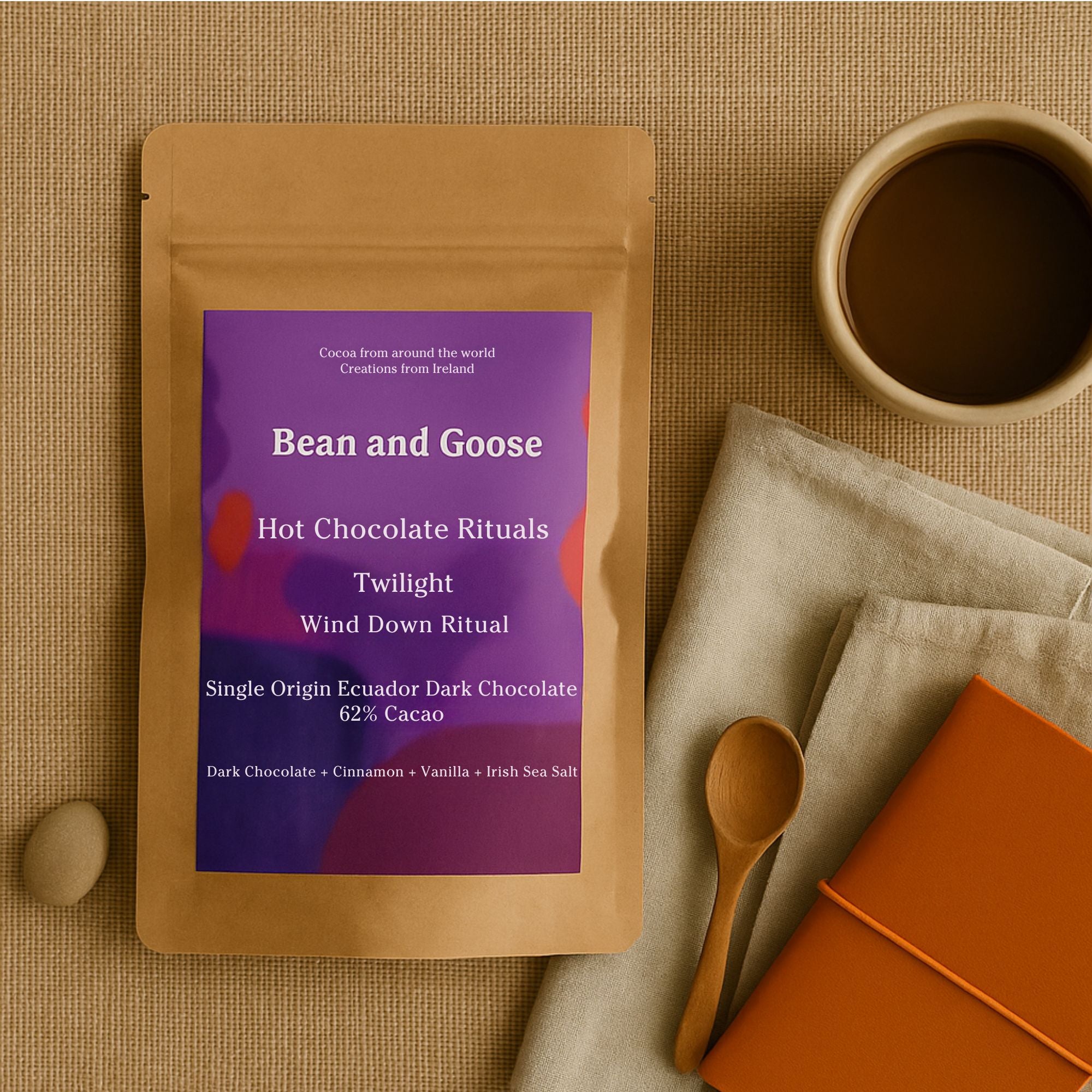  Bean and Goose Twilight Hot Chocolate – Wind Down Ritual with pebble, linen, spoon, notebook and cup . Grated 62% dark chocolate made in Ireland from Original Beans cacao