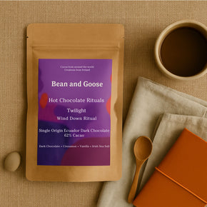 Bean and Goose Twilight Hot Chocolate – Wind Down Ritual with pebble, linen, spoon, notebook and cup . Grated 62% dark chocolate made in Ireland from Original Beans cacao