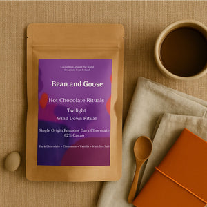  Bean and Goose Twilight Hot Chocolate – Wind Down Ritual with pebble, linen, spoon, notebook and cup . Grated 62% dark chocolate made in Ireland from Original Beans cacao