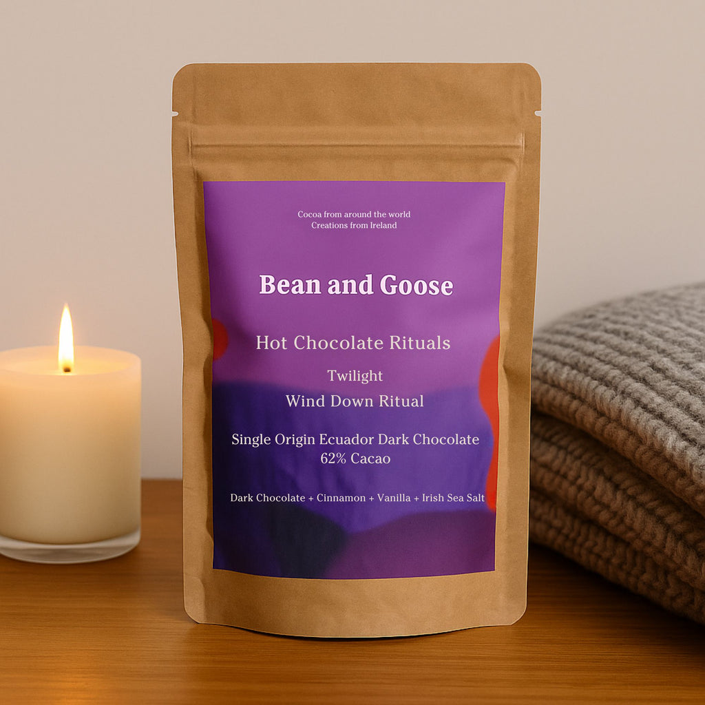  Bean and Goose Twilight Hot Chocolate – Wind Down Ritual with candle and blanket. Grated 62% dark chocolate made in Ireland from Original Beans cacao
