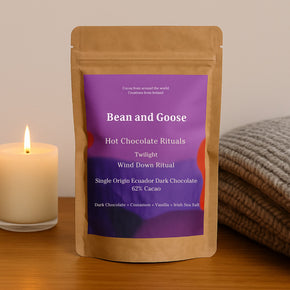  Bean and Goose Twilight Hot Chocolate – Wind Down Ritual with candle and blanket. Grated 62% dark chocolate made in Ireland from Original Beans cacao