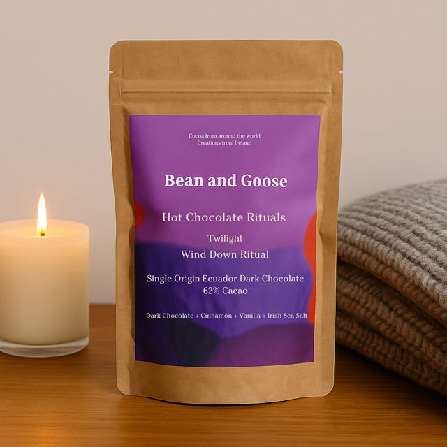  Bean and Goose Twilight Hot Chocolate – Wind Down Ritual with candle and blanket. Grated 62% dark chocolate made in Ireland from Original Beans cacao