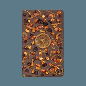 Sharing slab of Bean and Goose Dark Chocolate with Winter Nuts, Cranberries & Orange