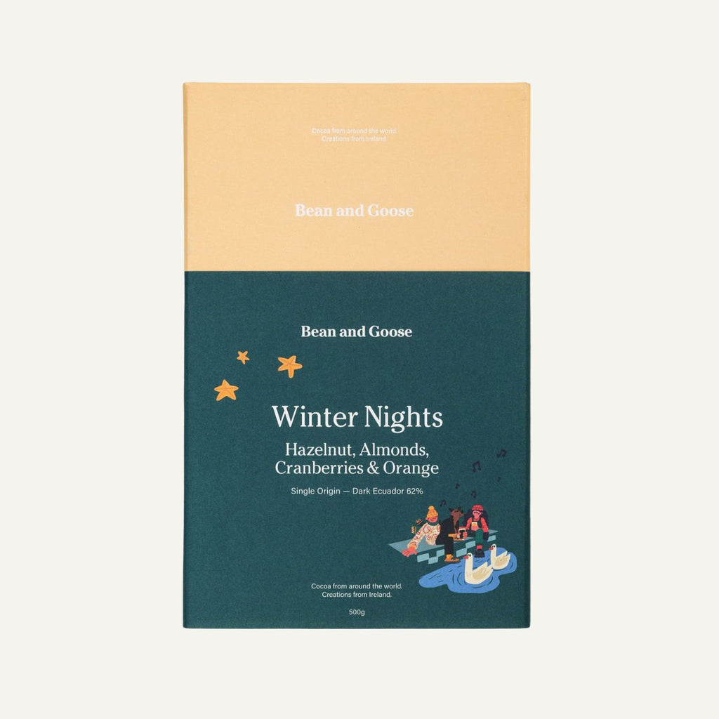 Bean and Goose chocolate packaging with 'Winter Nights' flavor description on a beige and dark green background
