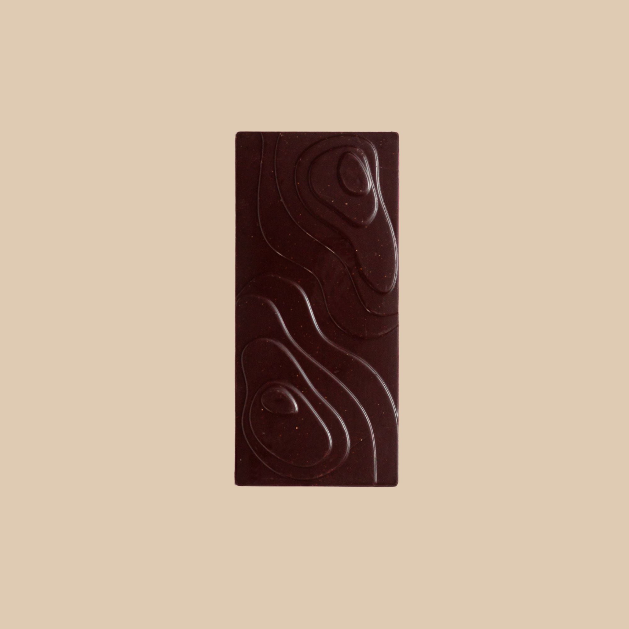 Bean and Goose Dark chocolate bar with their patent landscape bar design on a beige background