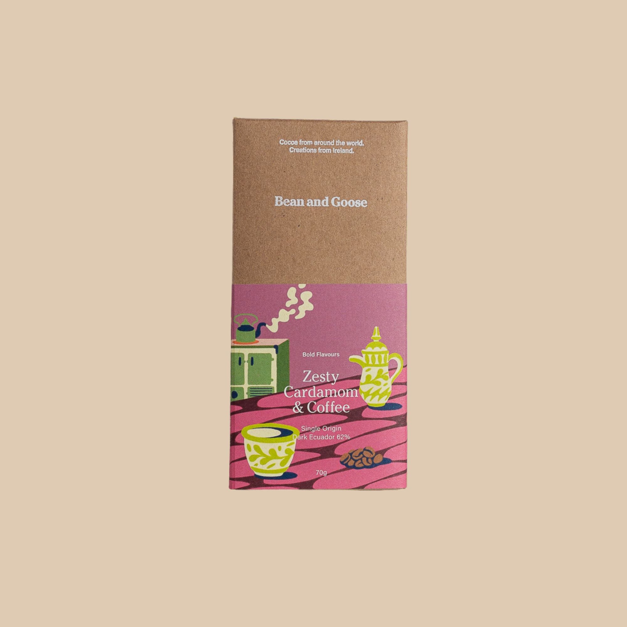 Bean and Goose Zesty Dark Chocolate bar package on a beige background