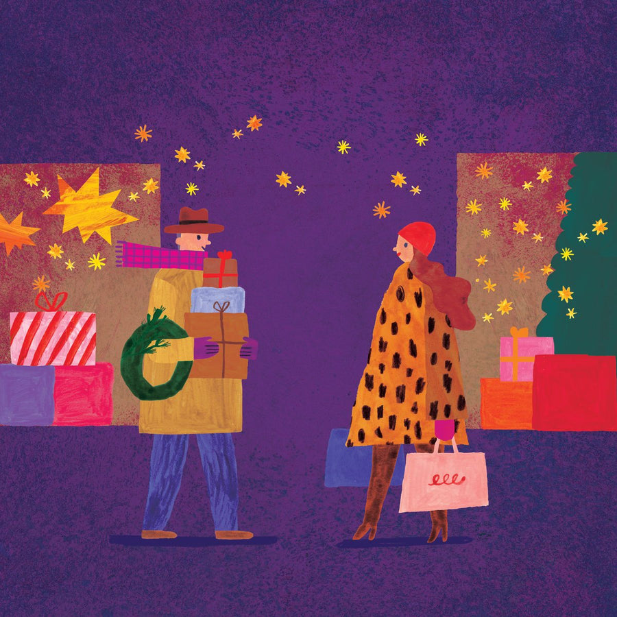 Anne O'Hara illustration of a Christmas shopping street
