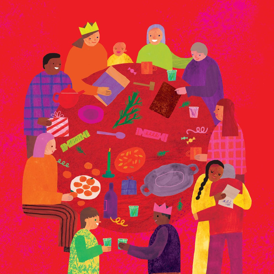 Anne O'Hara illustration of a family gathered around a Christmas table